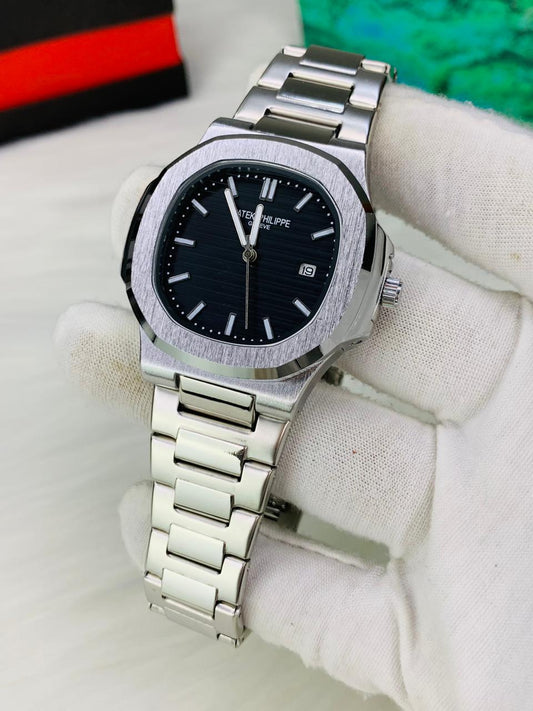 Patek Philippe Style Stainless Steel Men's Watch – Classic Date Display