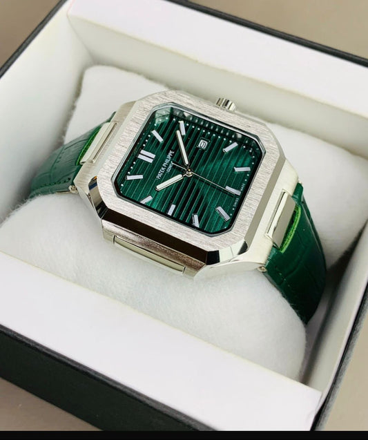 Patek Philippe Leather Strap Watch – Classic Stainless Steel Dial