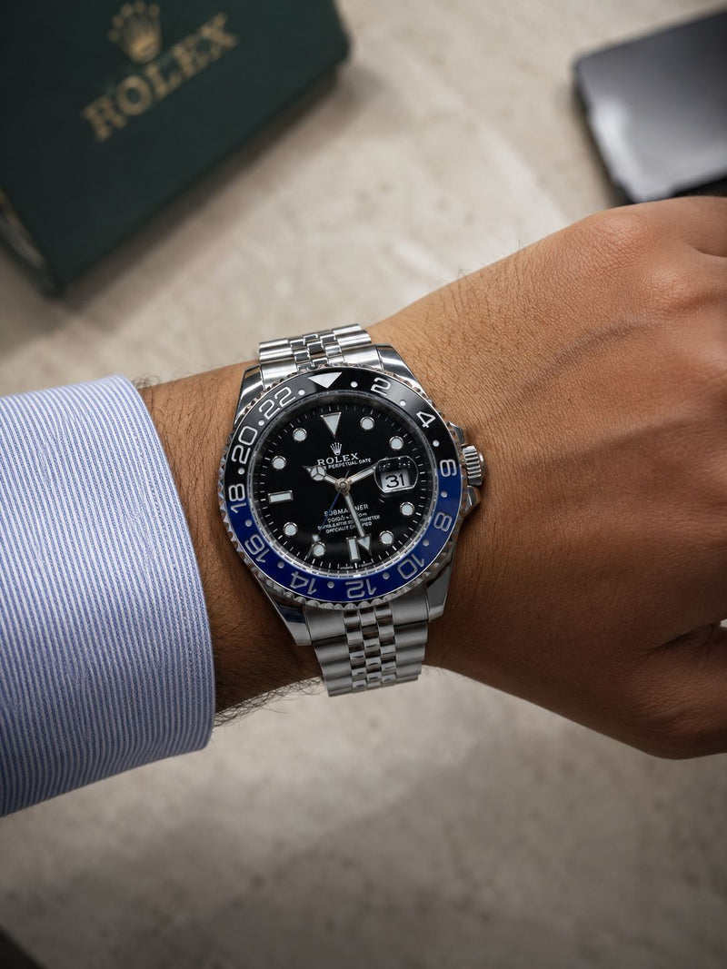 Rolex GMT Watch – Stainless Steel Chain & Rotating Bezel